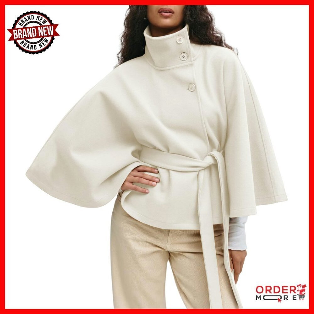Oversized Batwing Sleeve Poncho Coat with Belt, Stand Collar, Winter Outerwear